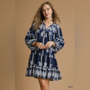 Umgee Tribal Print Dress with Tie Neck